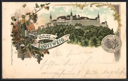 Lithographie Göttweig, Benediktiner-Kloster, Wappen und Sinnspruch, Weinflasche und Reben