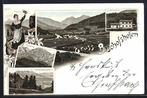 Lithographie Bischofshofen, Unterkunfthaus, Pongauerin, Ortsansicht