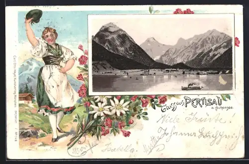 Lithographie Pertisau, Achensee-Panorama, Dampfer, Tirolerin in Tracht, Blumen