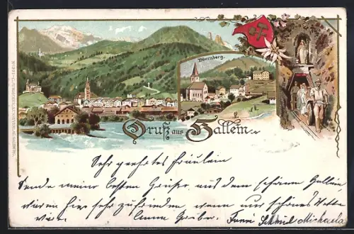 Lithographie Hallein, Ortsansicht mit Kirche, Dürrnberg