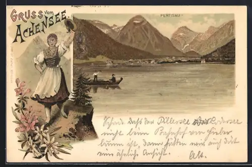 Lithographie Pertisau, Ansicht am Achensee und Frau in Tracht