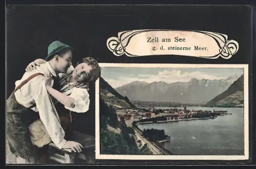 AK Zell am See, Ortsansicht g. d. steinerne Meer, Paar in Tracht