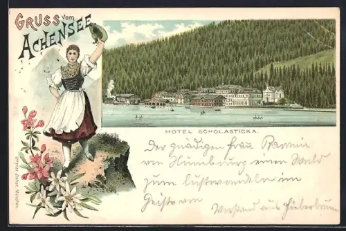 Lithographie Achenkirch, Blick vom Achensee auf Hotel Scholasticka