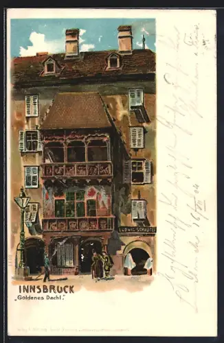 Lithographie Innsbruck, goldenes Dachl mit Leuten auf der Strasse