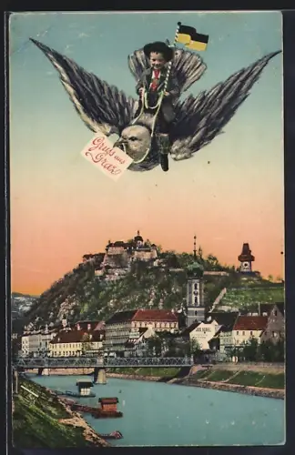 AK Graz, Ortsansicht mit Flussbrücke, Kinderbrieftaubenreiter in Tracht