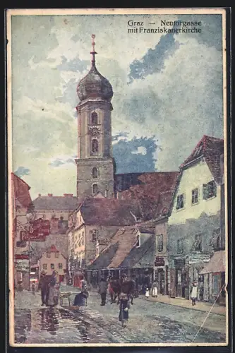 Künstler-AK Graz, Neutorgasse mit Franziskanerkirche