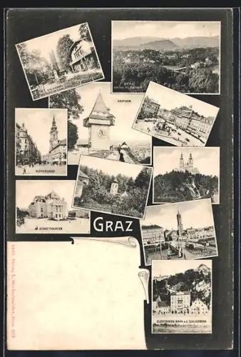 AK Graz, Restauration Schweizerhaus, Elektrische Bahn a. d. Schlossberg, Herrengasse, Stadttheater
