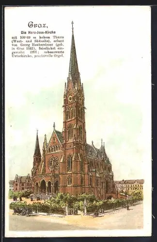 Lithographie Graz, Herz-Jesukirche mit Passanten, Pferdekutsche