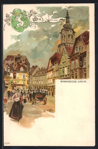 Lithographie Graz, Strassenpartie mit Barmherzige Kirche, Wappen