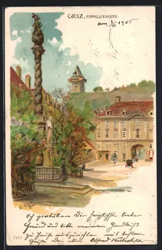 Künstler-AK Emil Czech: Graz, Karmeliterplatz mit Mariensäule und Leuten