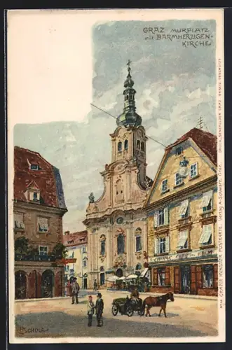 Künstler-AK Graz, Murplatz mit Barmherizgen-Kirche
