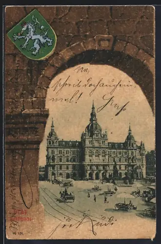 AK Graz, Rathaus unter einem Torbogen, Wappen