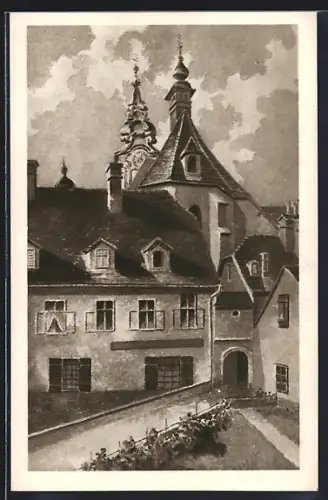 Künstler-AK Graz, Messnergasse mit Stadtpfarrkirche