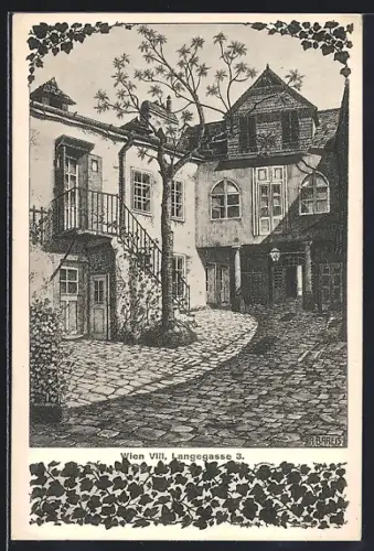 Künstler-AK Wien, Hof in der Langegasse 3, mit Aussentreppe