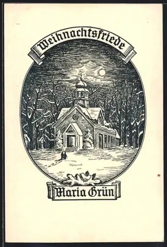 Künstler-AK Wien, Wallfahrtskirche Maria Grün im Winter, Weihnachtsfriede