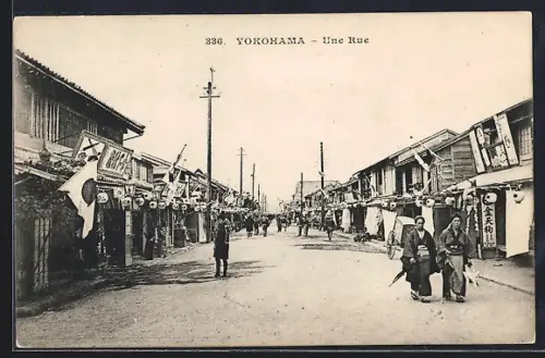 AK Yokohama, Une rue, Strassenpartie mit Geschäften