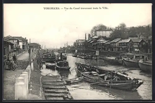 AK Yokohama, Vue du canal traversant toute la Ville, Kanalpartie mit Lastkähnen
