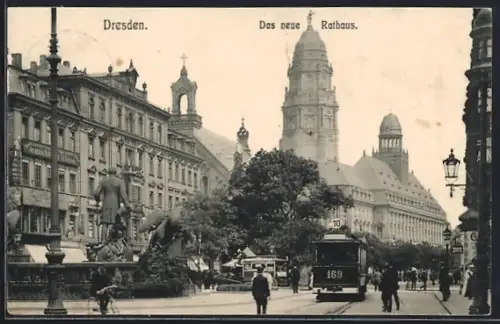 AK Dresden, Strassenbahn in der Ringstrasse, Neues Rathaus