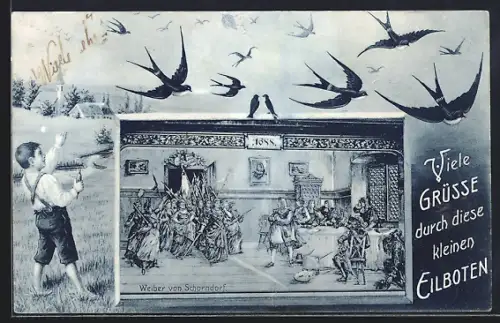 Grusskarten-AK Schorndorf, Weiber, Schwalben