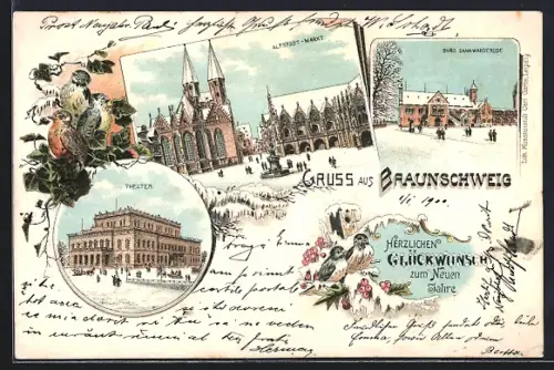 Winter-Lithographie Braunschweig, Burg Dankwarderode, Theater, Markt