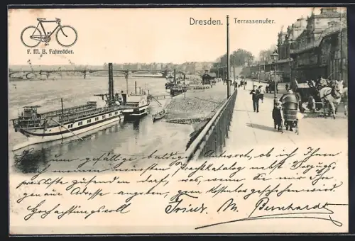 AK Dresden, Terrassenufer, Reklame für F. M. B. Fahrräder