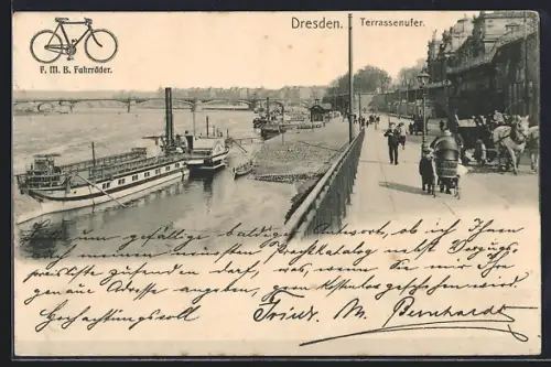 AK Dresden, Terrassenufer, Reklame für F. M. B. Fahrräder