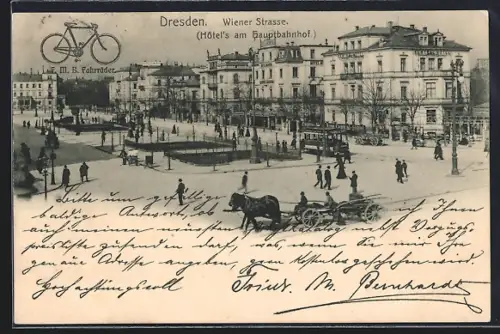 AK Dresden, Hotels am Hauptbahnhof, Strassenbahn, Wiener Strasse, Reklame für F. M. B. Fahrräder