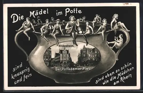 Grusskarten-AK Hildesheim, Pottsdamer Platz, Mädel im Potte