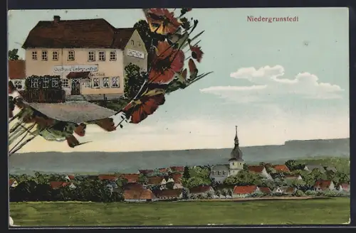 AK Niedergrunstedt, Gasthaus von Karl Eckold, Ortsansicht
