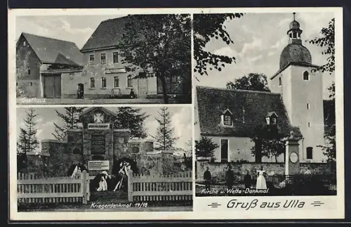 AK Ulla, Gasthaus, Kirche und Wette-Denkmal, Kriegerdenkmal