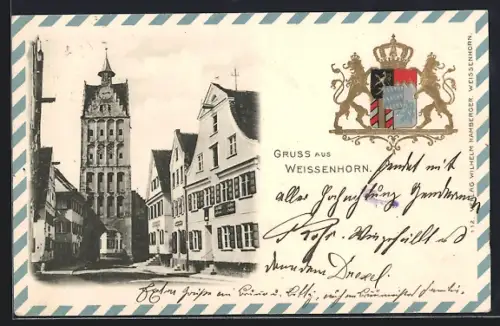 Passepartout-Lithographie Weissenhorn, Ortspartie, Wappen