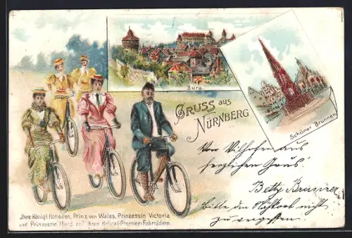 Lithographie Nürnberg, Prinz von Wales, Prinzessin Victoria und Prinzessin Maud auf ihren Helical-Premier-Fahhrädern