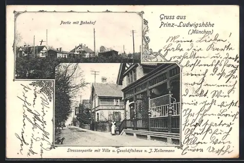 AK München-Thalkirchen, Gasthaus, Prinz Ludwigshöhe, Partie mit Bahnhof