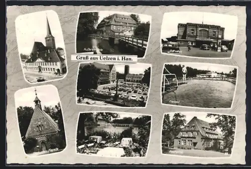 AK Uelzen i. Han., Rathaus, Bahnhof, Fischerhof, Freibad