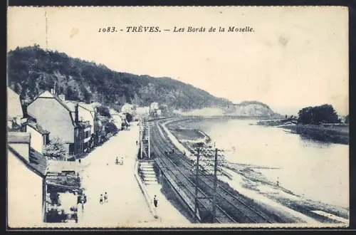 AK Trier, Ufer der Mosel, Eisenbahnlinie, Häuserzeile