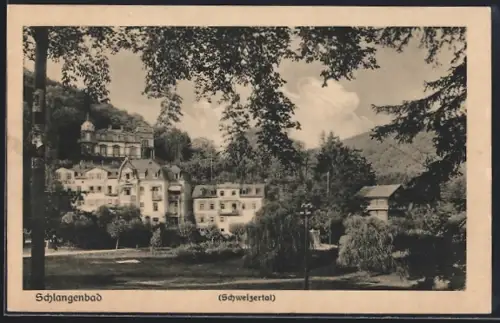 AK Schlangenbad /Schweizertal, Gebäudeensemble im Tal, Parkanlage, bewaldete Hügel