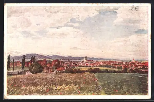 Künstler-AK Landau / Pfalz, Blick vom Ebenberg auf die Stadt