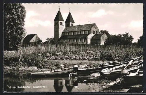 AK Niederzell, Insel Reichenau, Kirche, Boote