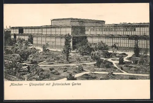 AK München, Glaspalast mit Botanischem Garten