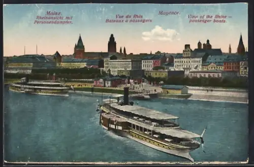 AK Mainz, Rheinansicht mit Personendampfer