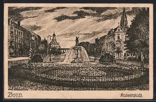 Künstler-AK Bonn, Kaiserplatz, Brunnen