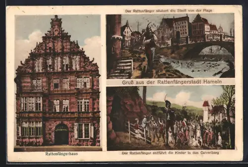 AK Hameln, Rattenfängerhaus, Rattenfänger säubert die Stadt, Rattenfänger entführt die Kinder
