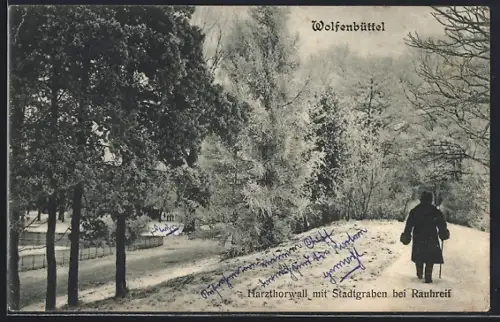 AK Wolfenbüttel, Harzthorwall mit Stadtgraben bei Raureif