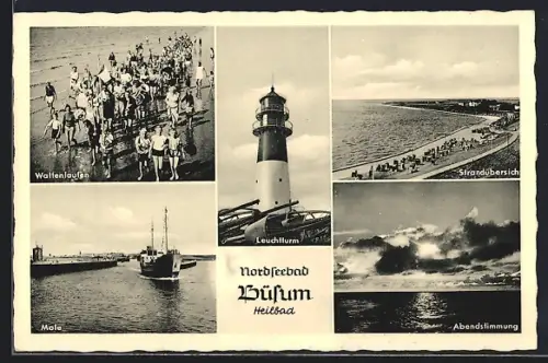 AK Büsum, Wattlaufen, Leuchtturm, Strandübersicht, Mole, Abendstimmung