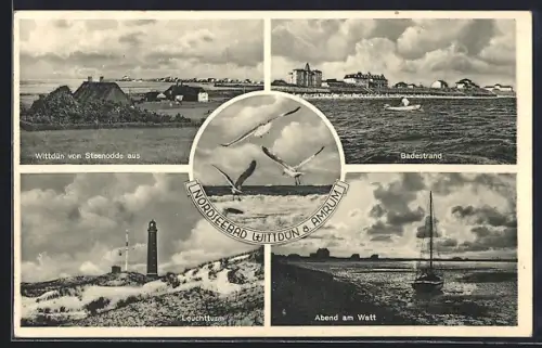 AK Wittdün a. Amrum, Steenodde, Badestrand, Leuchtturm, Abend am Watt