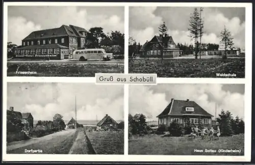 AK Schobüll / Husum, Gasthaus Friesenheim, Inh. Hans Mählitz, Waldschule, Dorfpartie, Kinderheim Haus Soltau
