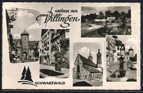 AK Villingen /Schwarzwald, Brunnen, Kirche, Partie im Park
