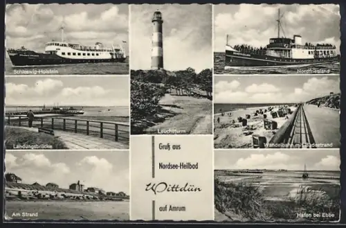 AK Wittdün auf Amrum, Leuchtturm, Landungsbrücke, Wandelbahn am Hauptstrand