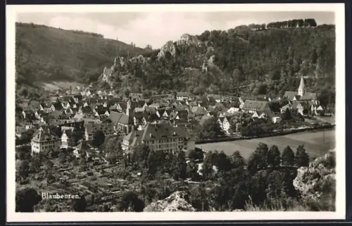 AK Blaubeuren, Ortsansicht mit Kirche und Felsen