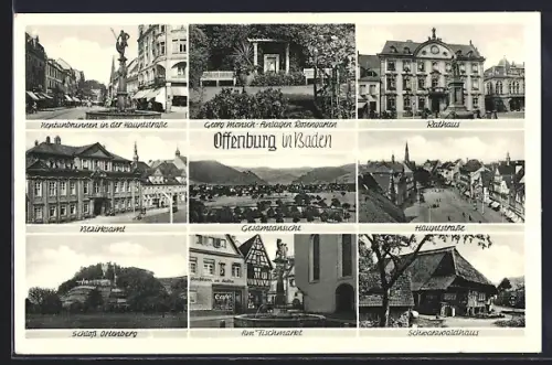 AK Offenburg in Baden, Neptunbrunnen in der Hauptstrasse, Georg Monsch-Anlagen mit Rosengarten u.a.